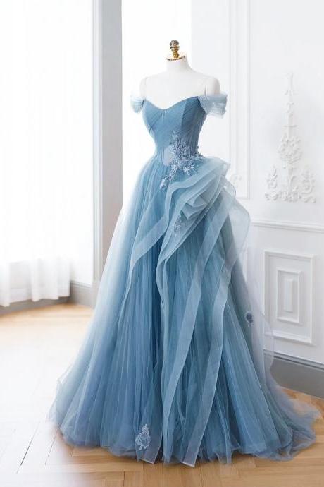 strapless open back dress Blue Starry Tulle Prom Dress with Illusion Shoulder