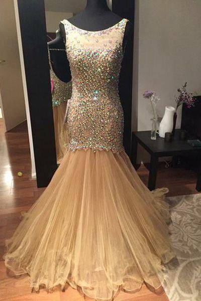 Golden slim long prom dress,sexy mermaid beading long prom dresses,fashion backless evening dresses,2016 grad dress