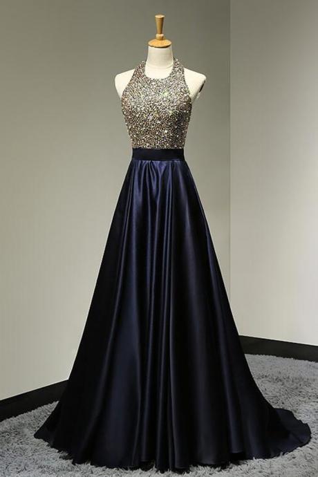 Dark Blue Beading Sequins Long Prom Dress,blue Evening Dress