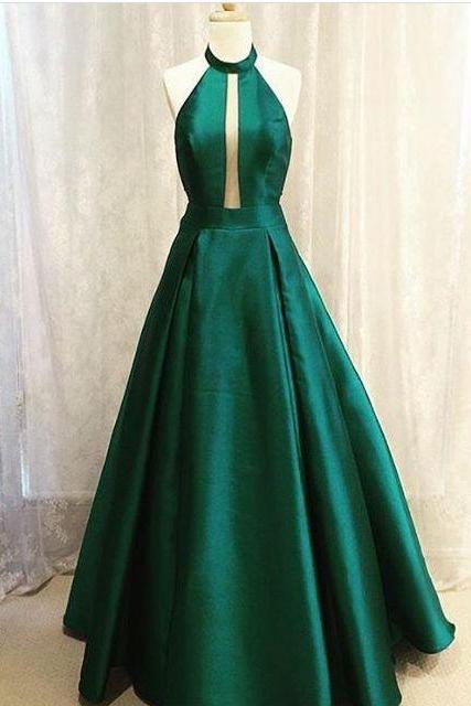 Green Halter Plunging A-line Floor-length Prom Dress, Evening Dress