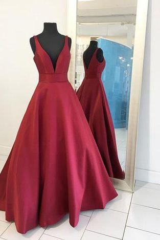 Custom Made Red Plunging V-neckline Long A-line Satin Evening Dress, Prom Dress, Wedding Dress, Bridesmaid Dresses