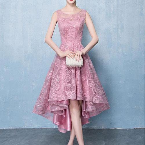 Pink round neck tulle lace short prom dress, homecoming dress