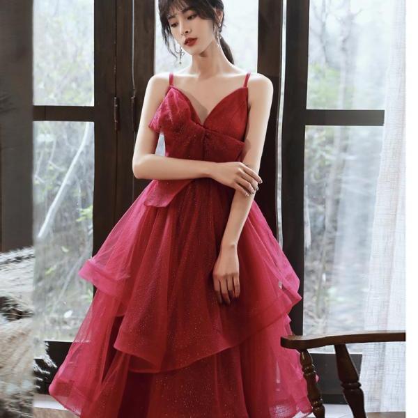 Burgundy Tulle Sequins Square Short Sleeve Evening Prom Dress main image 0
