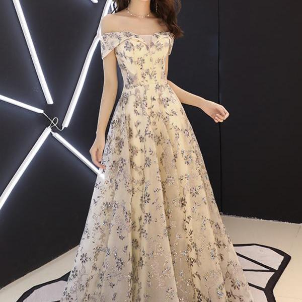 Shiny tulle sequins prom dress champagne A line evening dress