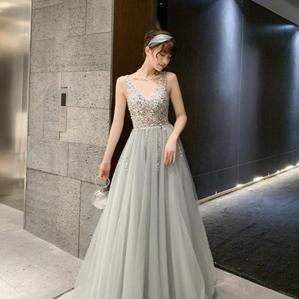 Gray v neck tulle beads long prom dress evening dress