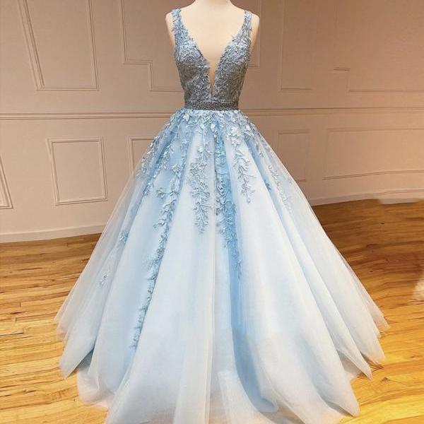 Sexy Prom Dress, Blue V-Neck Beading Long Prom Gowns, Formal Dress ...