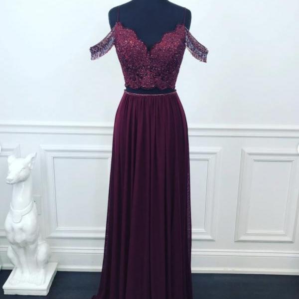 Purple chiffon lace long prom dress evening dress
