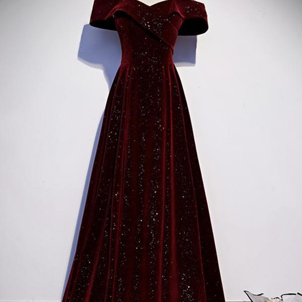 Burgundy velvet long prom dress A-line evening dress main image 0