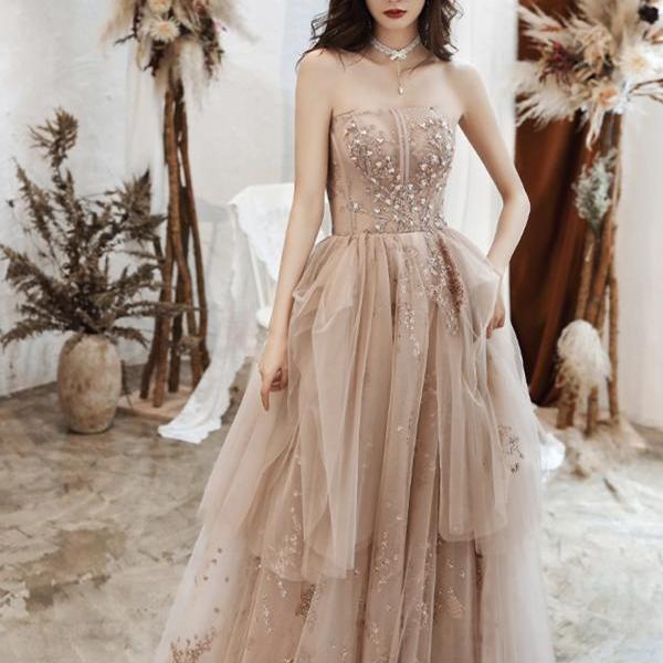 Pink Tulle Long Prom Dress Pink Evening Dress Y1825