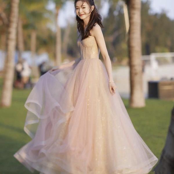 PINK TULLE LONG A LINE PROM DRESS PINK EVENING DRESS     cg20428 main image 1