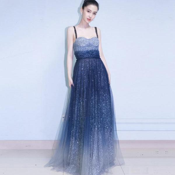 Blue Tulle Sequins Long Prom Dresses A-Line Strapless Evening Dresses Y944 main image 1