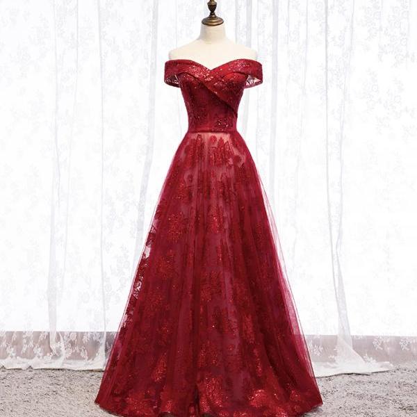 Red tulle sequins long prom dress red evening gown Y1179 main image 0