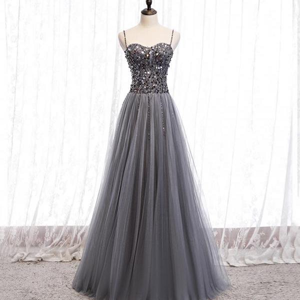Gray Tulle Scoop Sequins Tea Length Evening Prom Dress main image 0