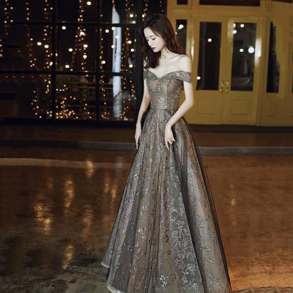 Black Tulle Sequins Short Sleeve Beading Evening Prom Dress main image 1