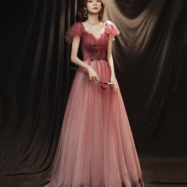 Burgundy tulle lace long prom dress A line evening dress Y1546 main image 1