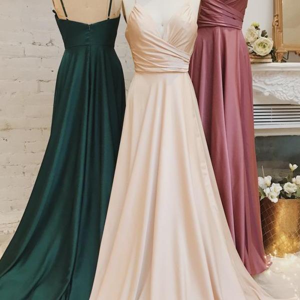 SIMPLE V NECK SATIN LONG PROM DRESS, EVENING DRESS,DS4114 main image 1