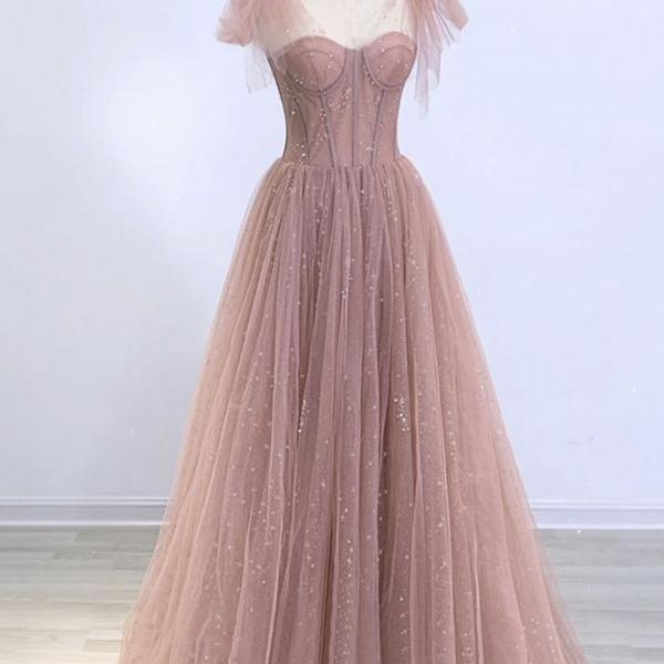 Bean pink tulle long prom dress, A line tulle formal evening dress main image 0