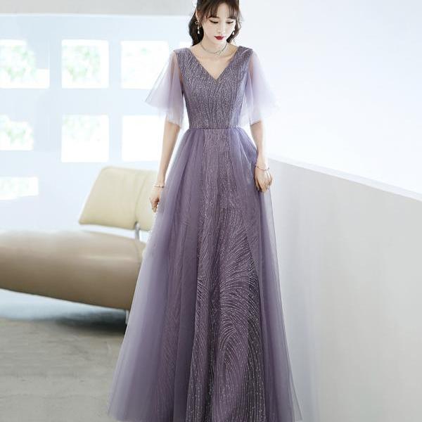 Purple tulle beads long prom dress A line evening gown
