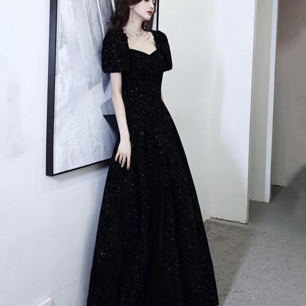 Black velvet sequins long prom dress A line evening dress