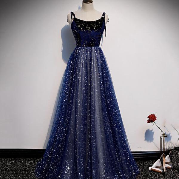 Blue velvet tulle long prom dress A line evening dress