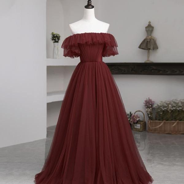 Burgundy tulle long prom dress A line evening dress