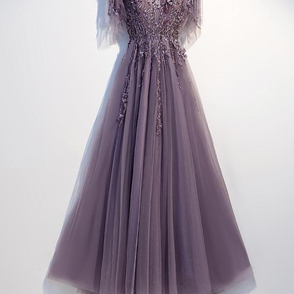 Purple tulle lace long prom dress A line evening dress