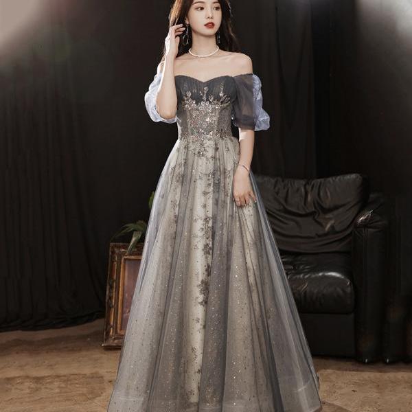 Gray tulle sequins long prom dress gray evening dress