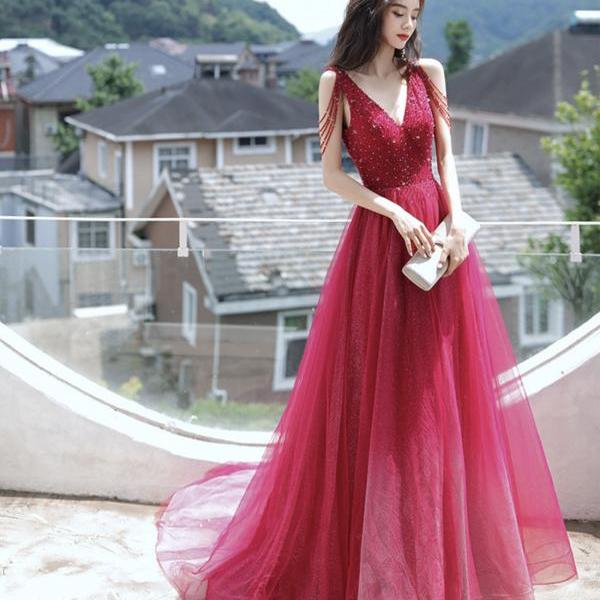 Gorgeous Red Tulle Beaded Party Evening Dress Long Prom Dress cc2128 main image 1