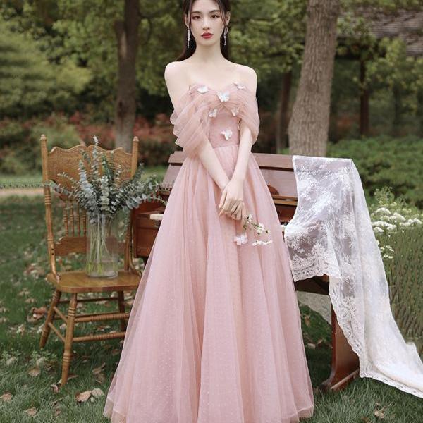Pink tulle long prom dress A line evening dress
