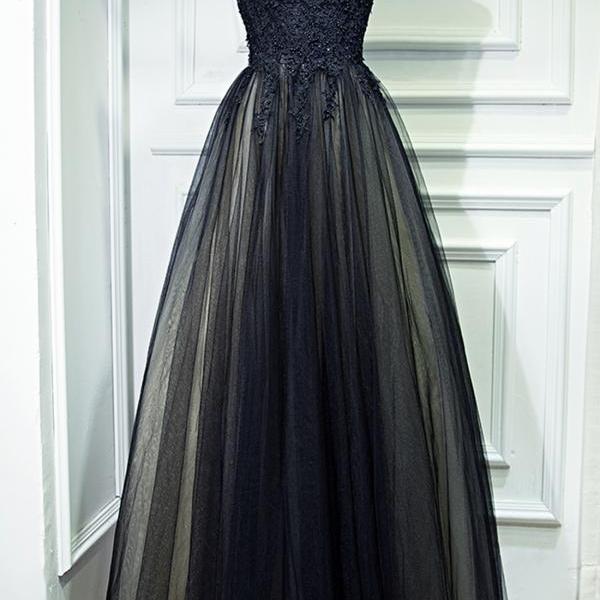 Black lace long prom dress A line evening dress
