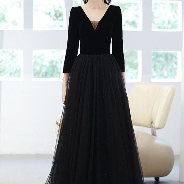 Black V-neck tulle long prom dress A-line evening dress