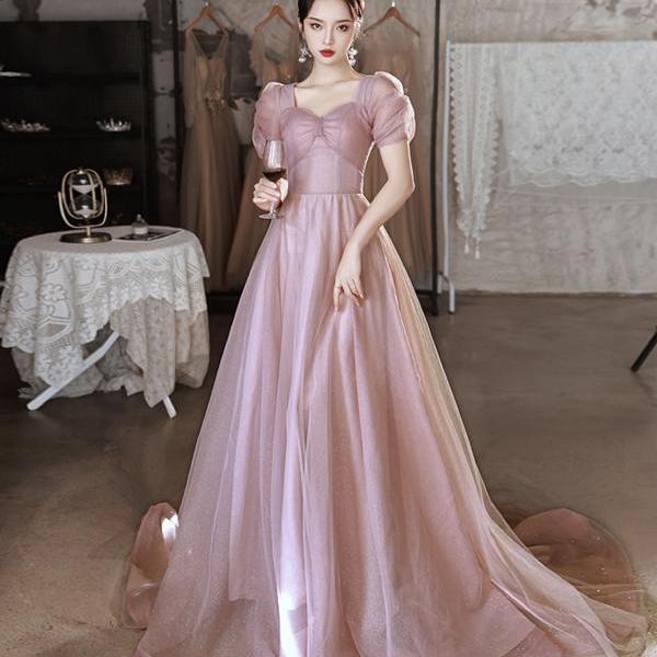 Pink tulle sequins long prom dress pink evening dress
