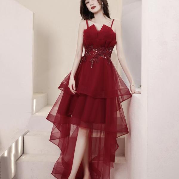Burgundy Lace High Low Prom Dresses, A-Line Homecoming Dress
