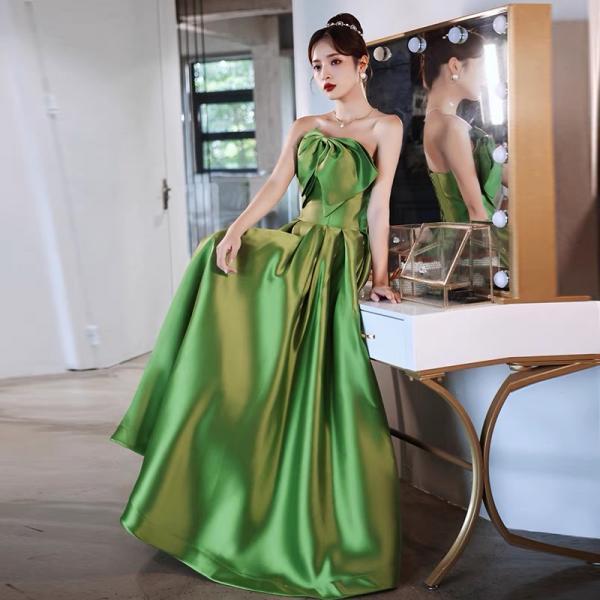 Green Strapless Satin Long Prom Dresses, A-Line Evening Dresses with Bow