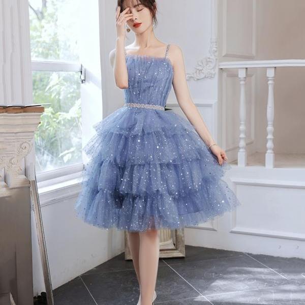 Lovely Blue Spaghetti Strap Short Prom Dress, Blue A-Line Party dress