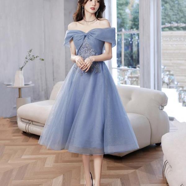 Lovely Blue Short Prom Dress, Blue A-Line Party dress with Beading