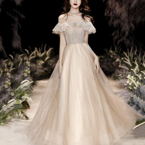 Champagne Tulle Long Prom Dress, A-Line Off the Shoulder Evening Dress