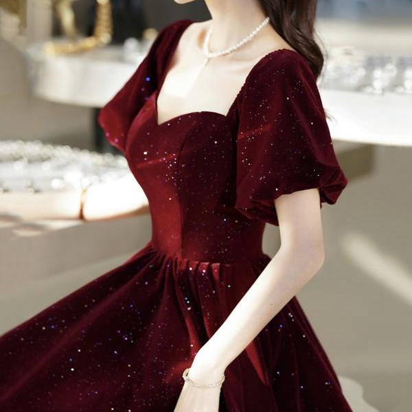 Burgundy Velvet Long Prom Dress, A-line Short Sleeve Evening Dress
