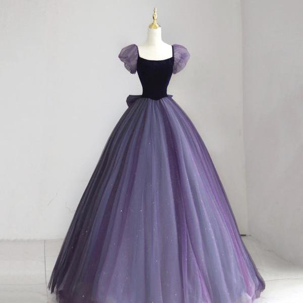 Purple Velvet Tulle Long Prom Dress, Beautiful A-Line Evening With Bow