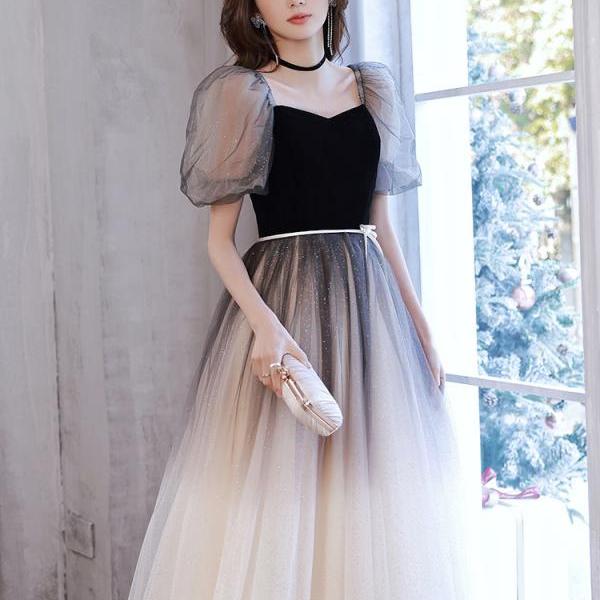 Black Tulle Short Prom Dress, Cute Short Sleeve Evening Dress