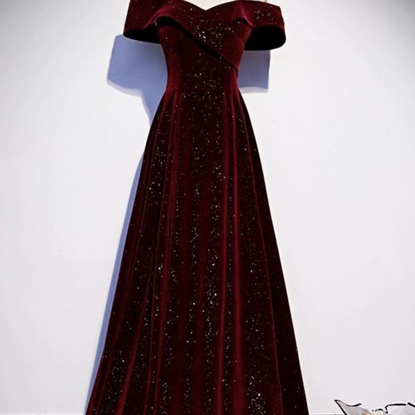 Burgundy Velvet Long Prom Dress, Off the Shoulder Evening Dress