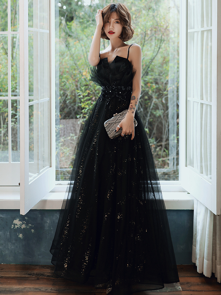 Black Lace Sequins Long Prom Dress Evening Dress on Luulla