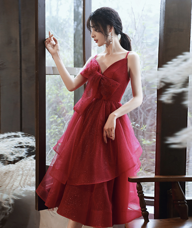 Burgundy Tulle Sequins Square Short Sleeve Evening Prom Dress main image 1