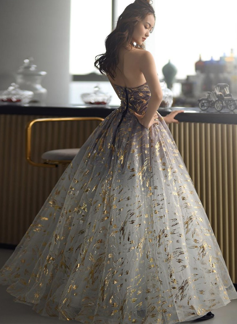 Lovely Strapless Floral Tulle Long Prom Dress, Gray  A-Line Evening Party Dress