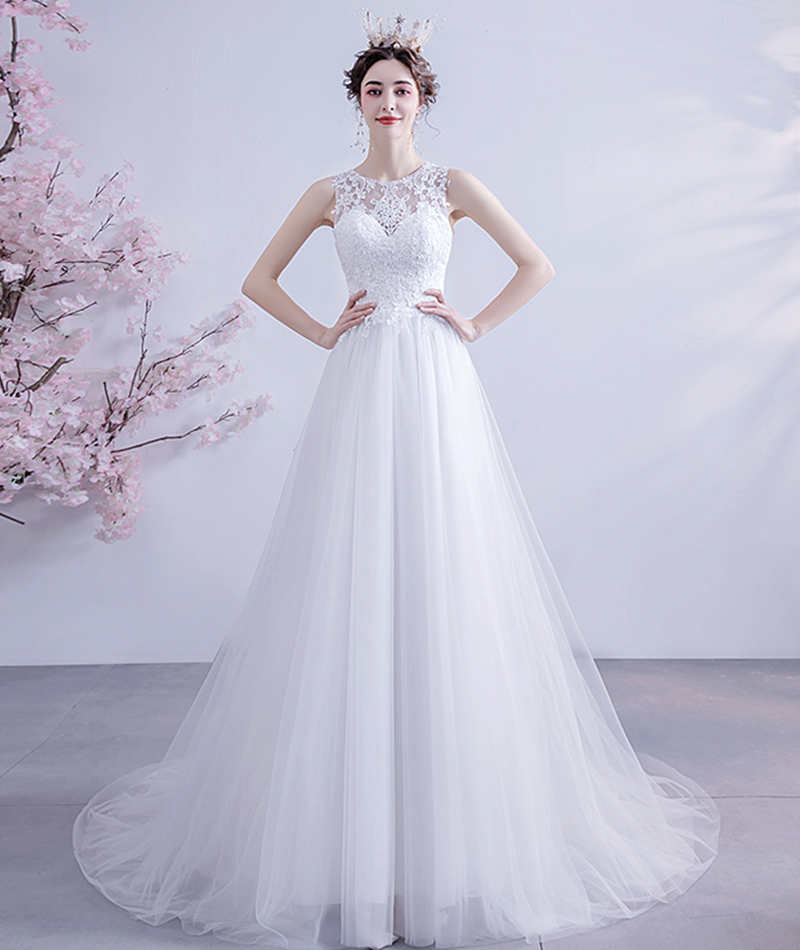 White tulle lace long prom gown formal dress C1840