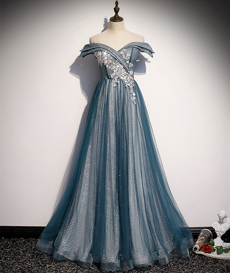 Blue Tulle Lace Long Prom Dress Off Shoulder Evening Dress on Luulla