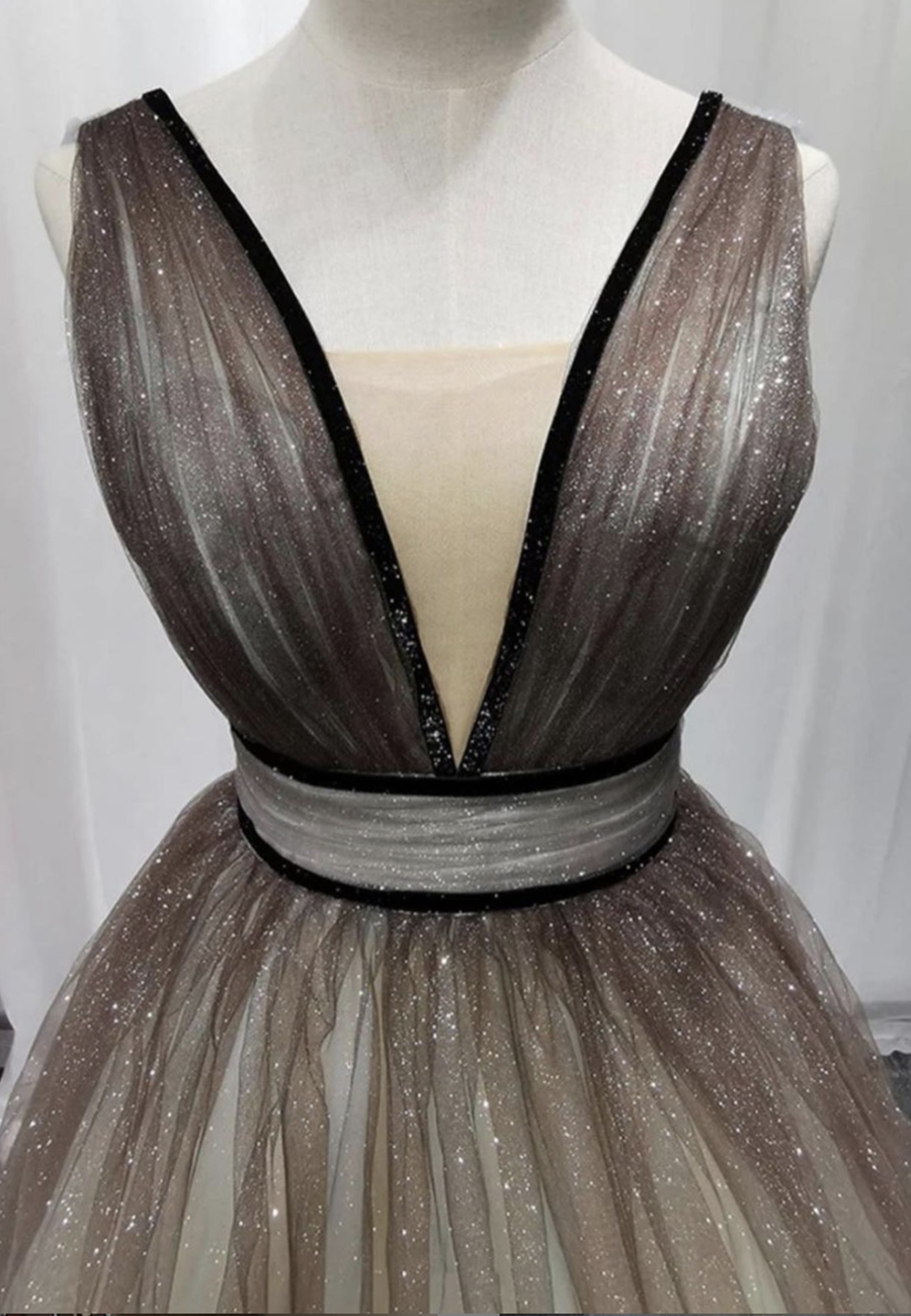 A line v neck tulle beads long prom dress,DS4544