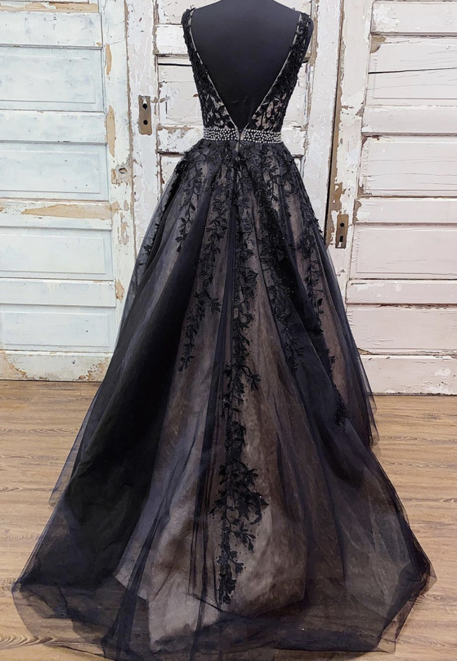 Black V Neck Tulle Lace Long Prom Dress Evening Dress on Luulla