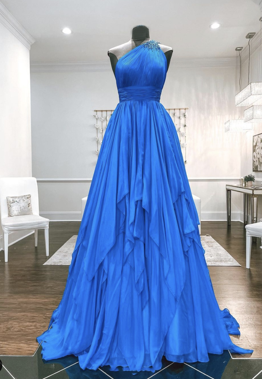 Blue Chiffon Long Prom Dress One Shoulder Evening Dress on Luulla