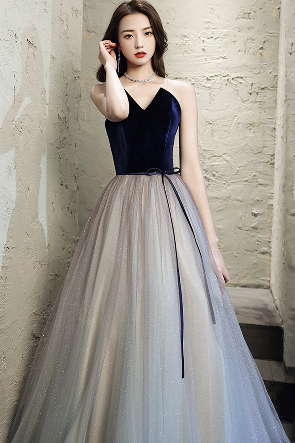 Elegant Tulle with Velvet Long Straps Long Evening Gown, A-line Tulle Prom Dresses
